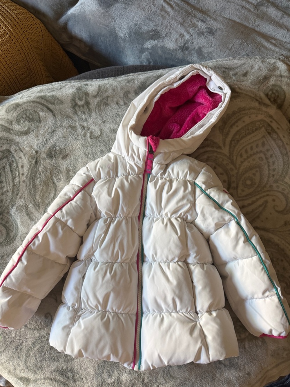 Snozu White Girls' Puffer Jacket with Pink Hood Lining
